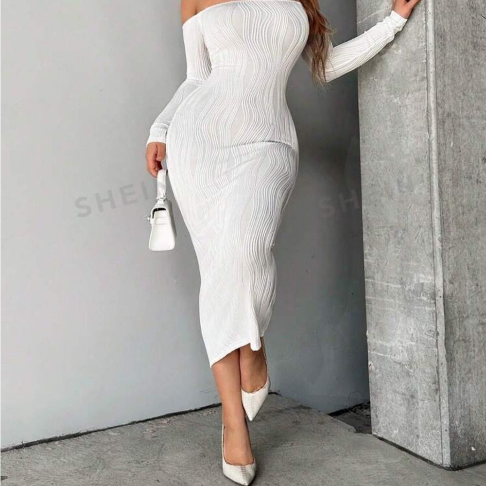 White off the shoulder ribbed knit midi dress